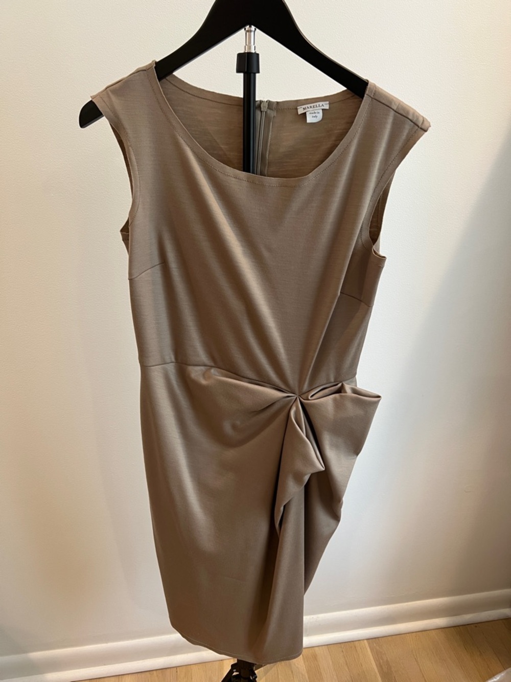 MARELLA Taupe Sleeveless Midi Dress with Side Knot Detail